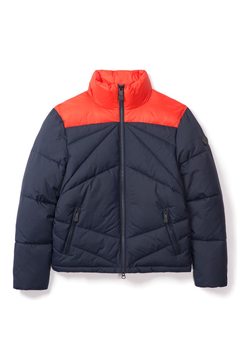 Vincent Colorblock Faux Shearling Lined Puffer Jacket, Main, color, ORANGE/DRESS BLUES