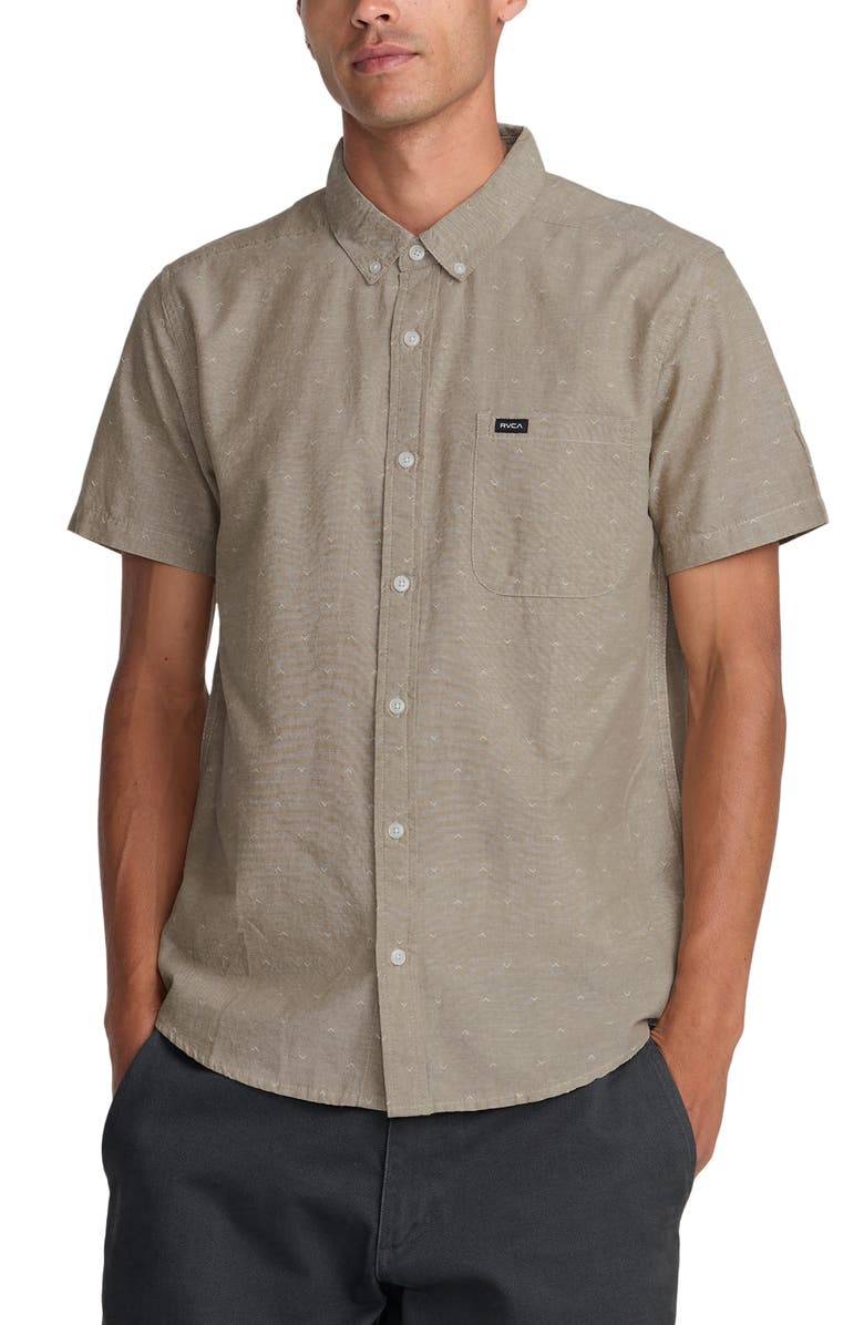 RVCA That'll Do Slim Fit Solid Short Sleeve Cotton Button-Down Shirt, Main, color, Sand