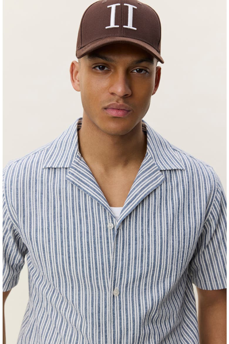 Stripe Cotton & Linen Camp Shirt, Alternate, color, DARK DENIM BLUE