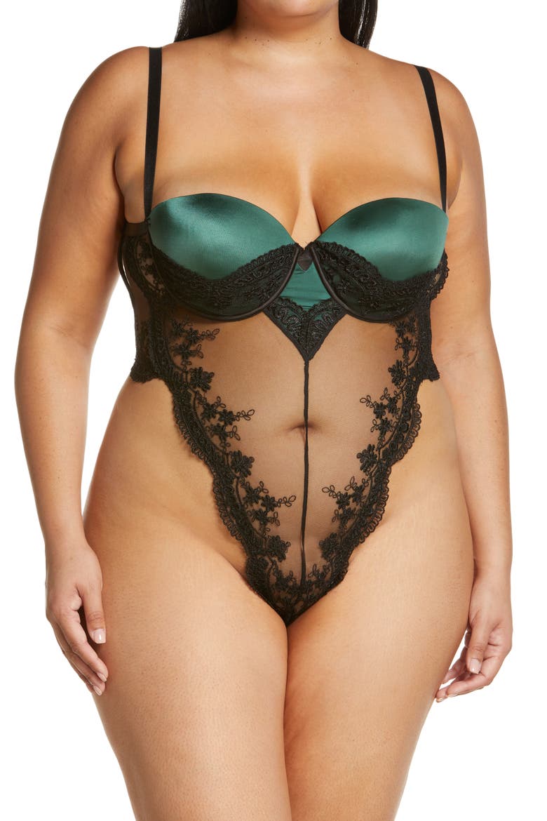 Paulette Lace Trim Satin Thong Bodysuit, Main, color, DARK GREEN/ BLACK
