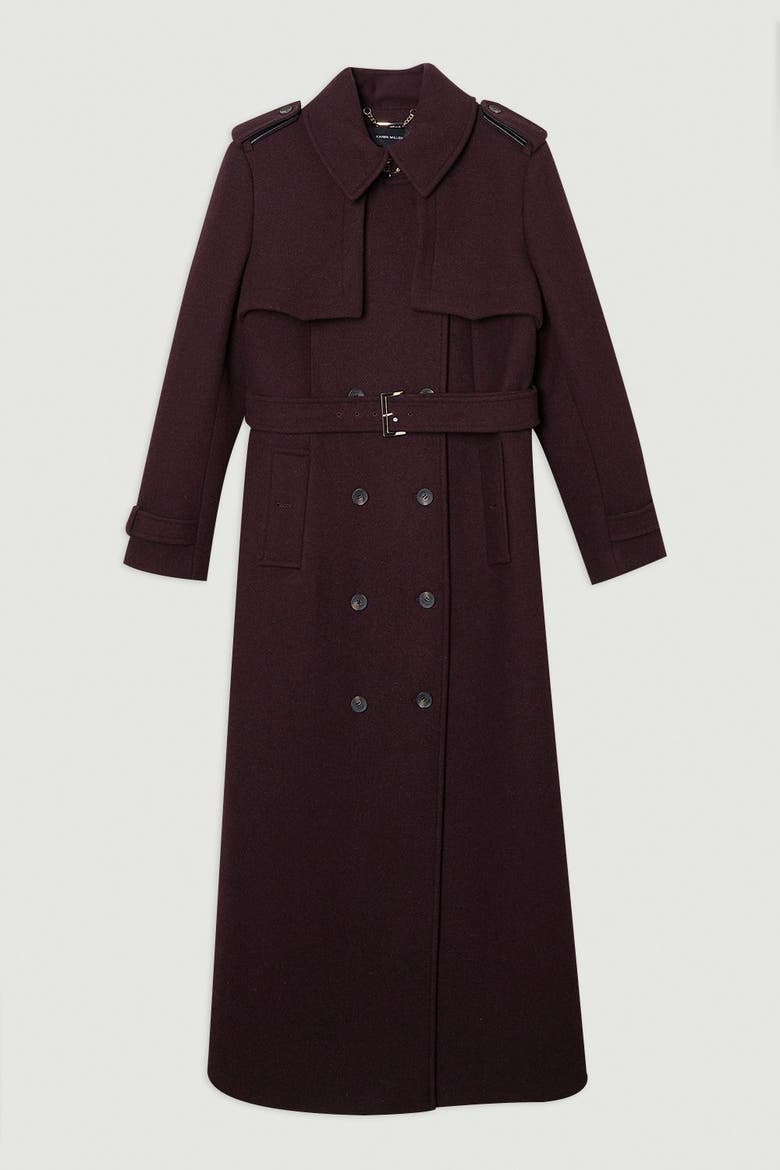 Petite Wool Trench Maxi Coat, Alternate, color, Wine
