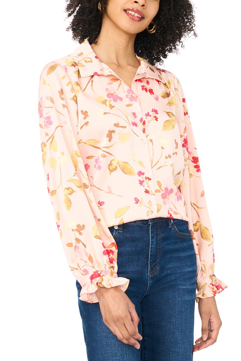 Floral Print Ruffle Trim Shirt, Main, color, COZY PEACH