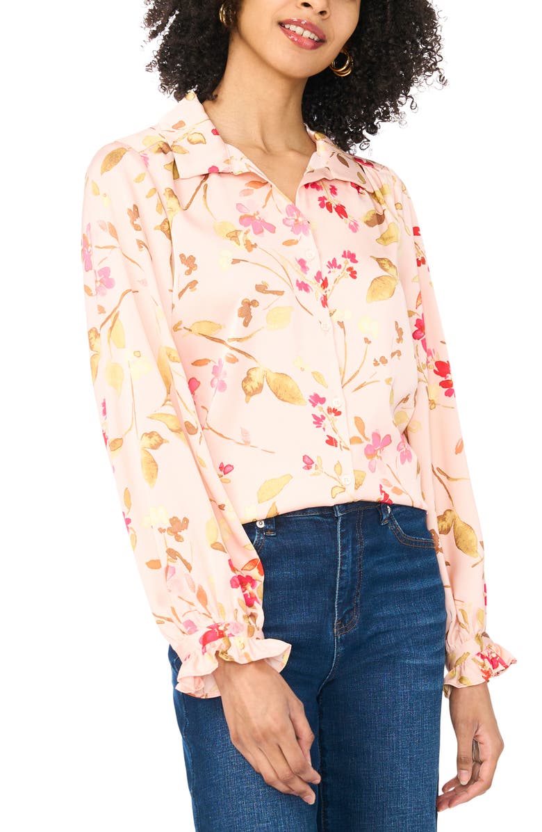 Vince Camuto Floral Print Ruffle Trim Shirt, Main, color, Cozy Peach