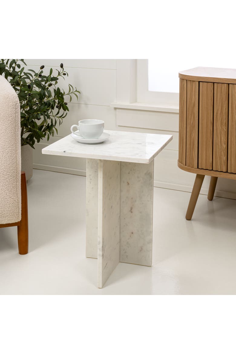 Cecil Modern Square Marble End Table with Cross Base, Solid Stone Accent Side Table for Living Room, Alternate, color, White