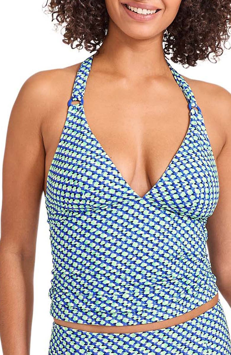 Tommy Bahama Palm Mosaic Halter Tankini, Main, color, Beach Glass Blue