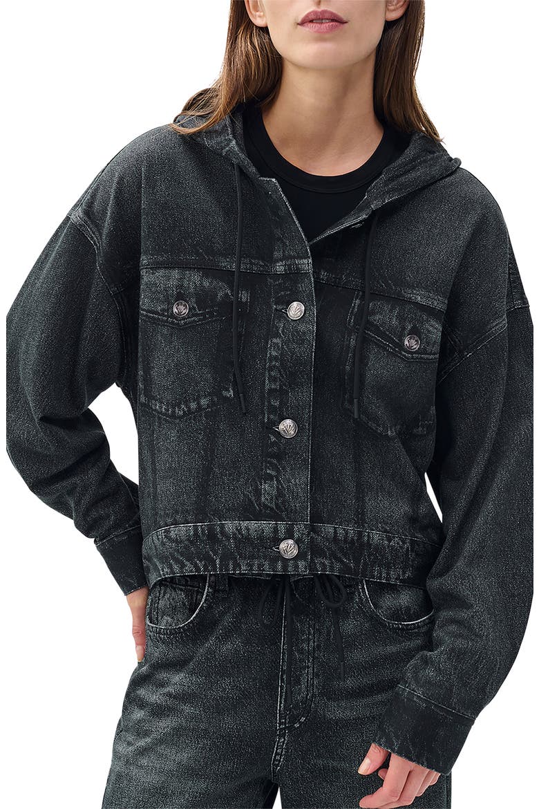rb Miramar Hooded Trompe l'Oeil Faux Denim Terry Trucker Jacket, Main, color, FADED BLACK