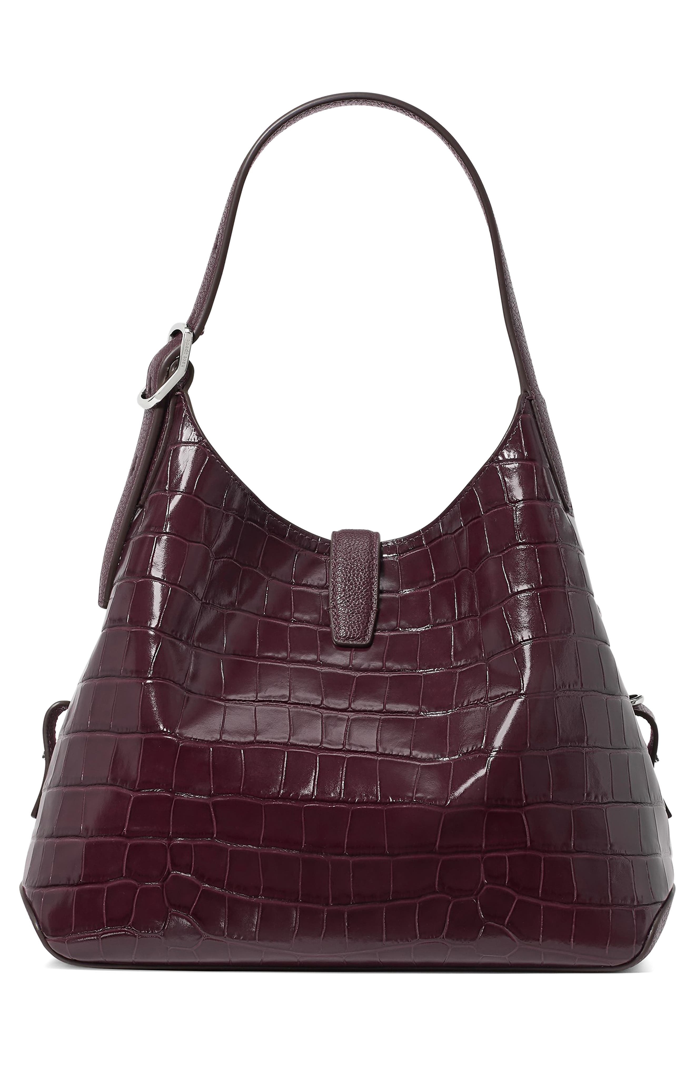 Deco Croc Embossed Leather Hobo Bag, Alternate, color, BLACKBERRY JAM