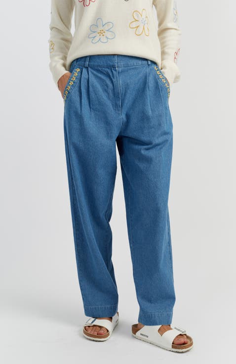Chambray Daisy Wide-Leg Pants