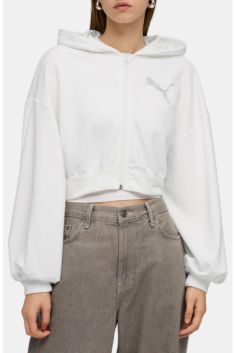 Essentials Bedazzled Rhinestone Embellished Cropped Graphic Hoodie, Main, color, PUMA WHITE