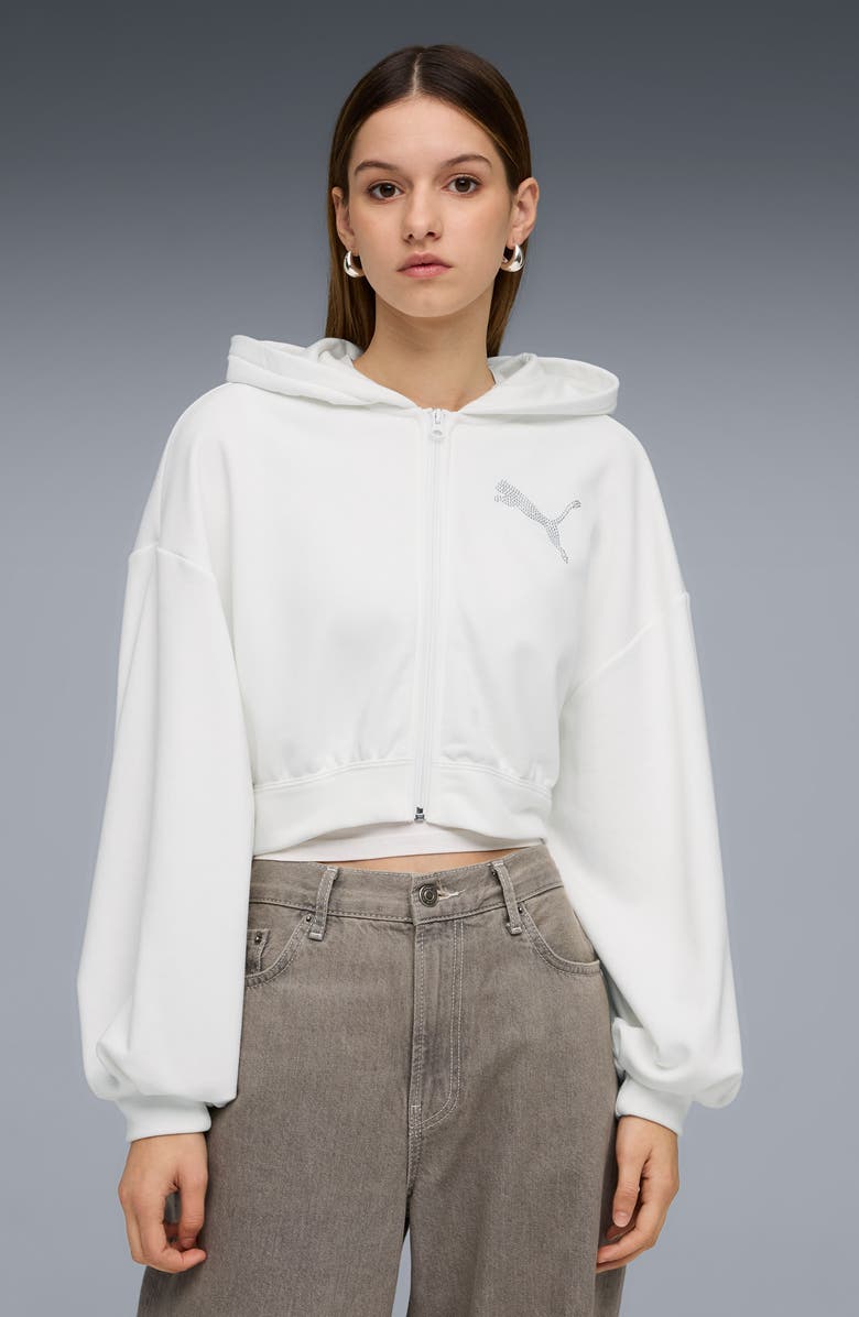 PUMA Essentials Bedazzled Rhinestone Embellished Cropped Graphic Hoodie, Alternate, color, 