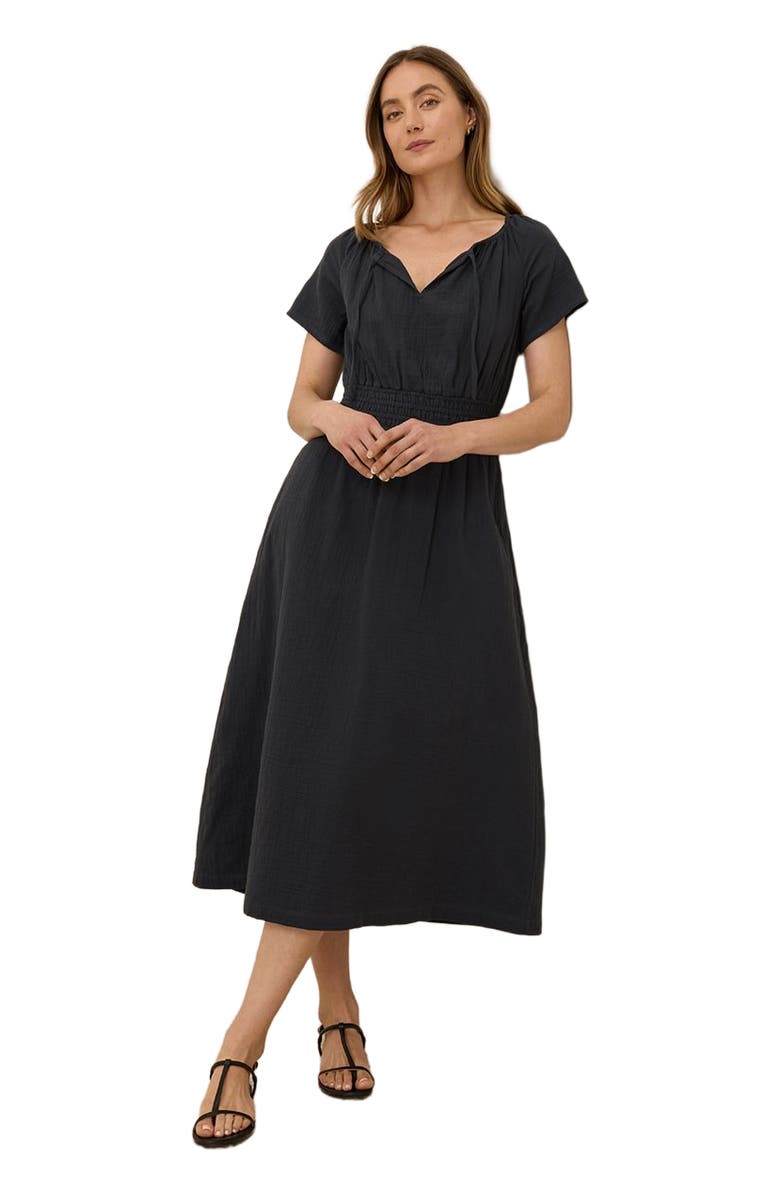Pact Organic Cotton Coastal Double Gauze Boho Midi Dress, Alternate, color, Black