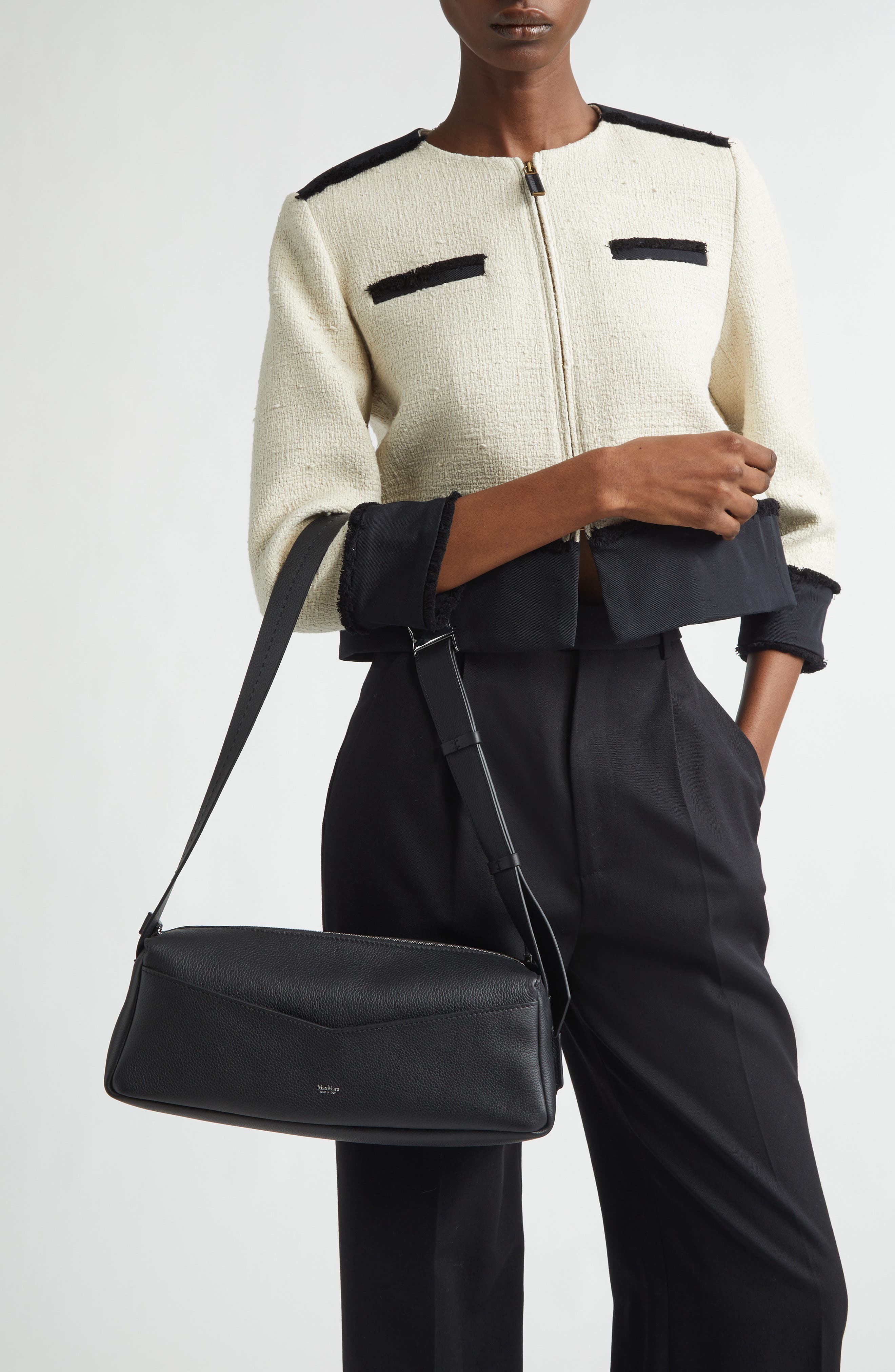 Max Mara Skippers Leather Shoulder Bag, Alternate, color, Black