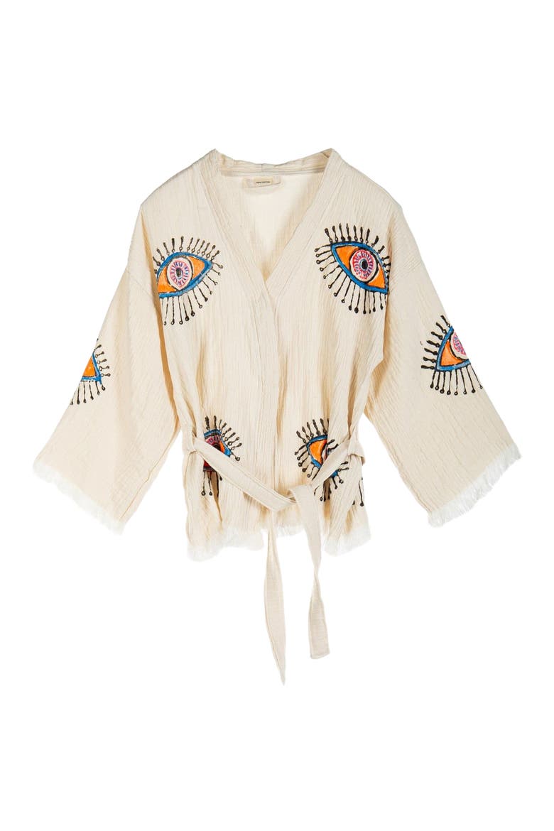 Sereia Evil Eye Handmade Cotton Short Robe Cover-Up, Main, color, Off-White