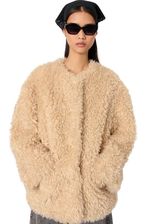Maje Short Faux Fur Coat In Beige