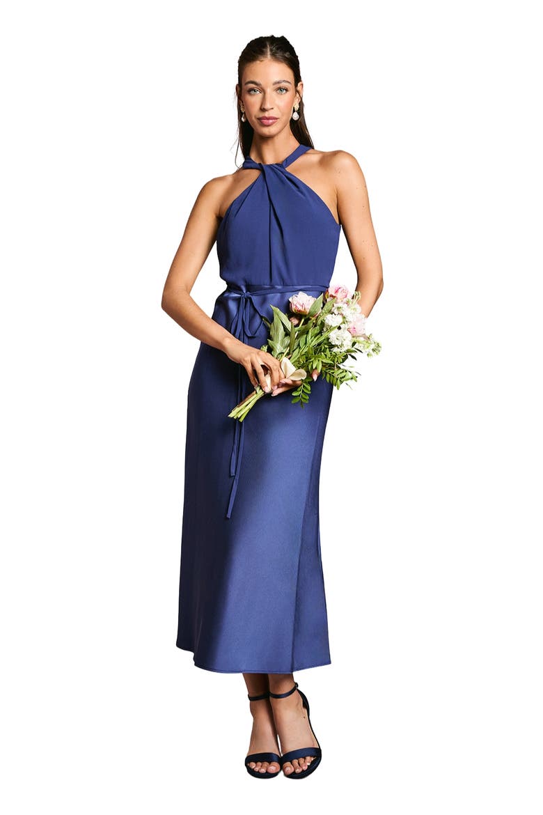 Satin Halter Neck Bridesmaid Dress, Main, color, Navy