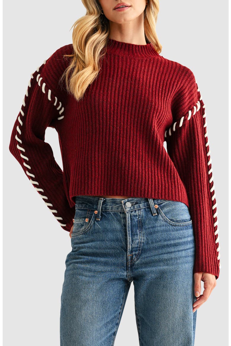 Whipstitch Mock Neck Rib Sweater, Main, color, BURGUNDY IVORY