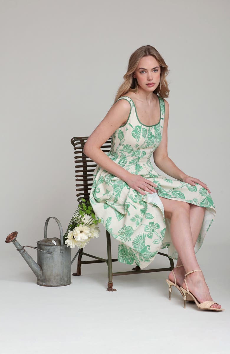 Avec Les Filles Floral Print Panel Midi Dress, Alternate, color, Parrot Fan