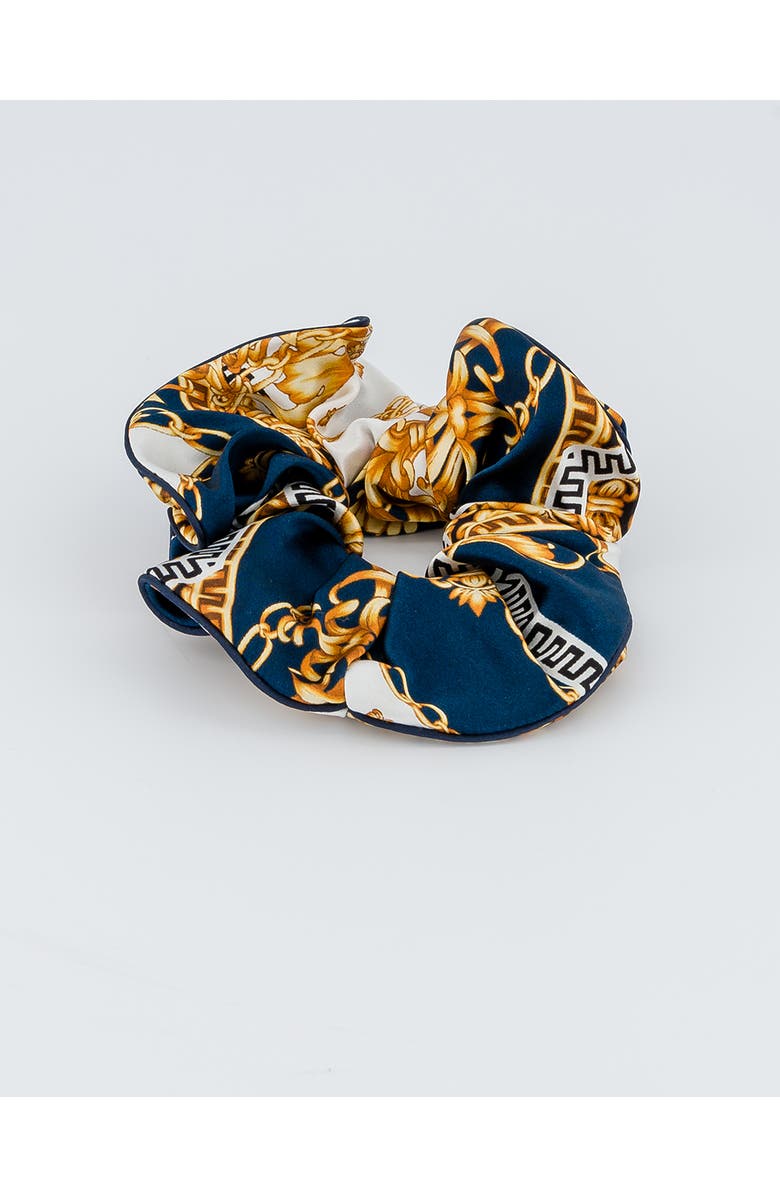 Alexandre de Paris Printed Silk Scrunchie, Main, color, Navy Gold