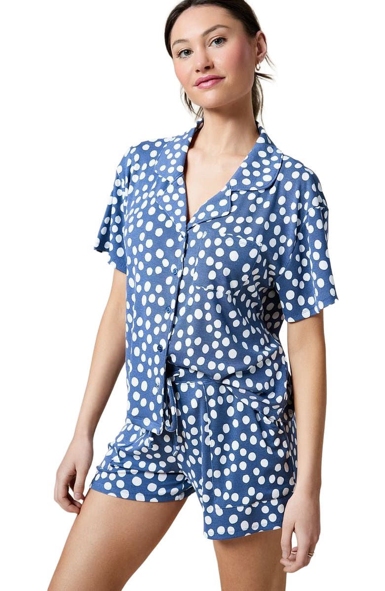 Softies Aria - Slim Notch Collar Top and Short Sleepwear Set, Main, color, Indigo Dot