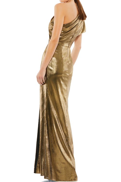 Mac Duggal Ruffled One Shoulder Metallic Evening Gown In Bronze