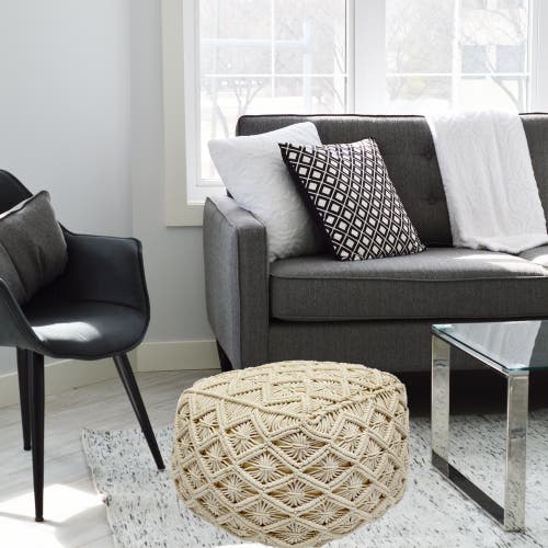 Northlight 18" Beige Handmade Macramé Natural Cotton Square Pouf Ottoman