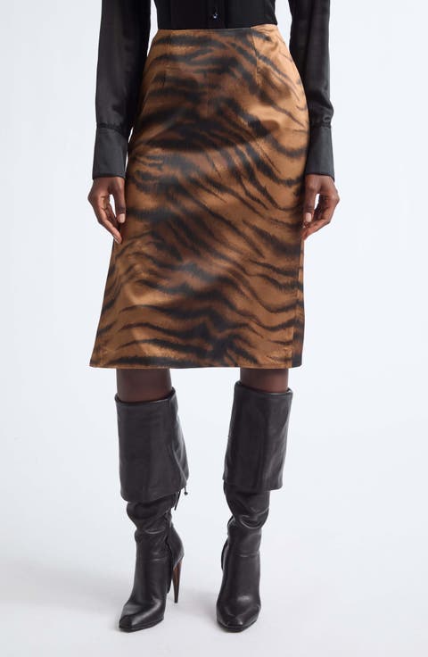 Chudeir Tiger Print Silk Satin Pencil Skirt
