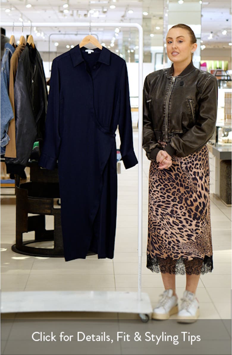 Long Sleeve Faux Wrap Satin Shirtdress, sales video thumbnail