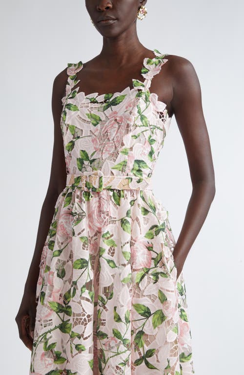 Oscar De La Renta Garden Rose Belted Silk Guipure Lace Midi Dress