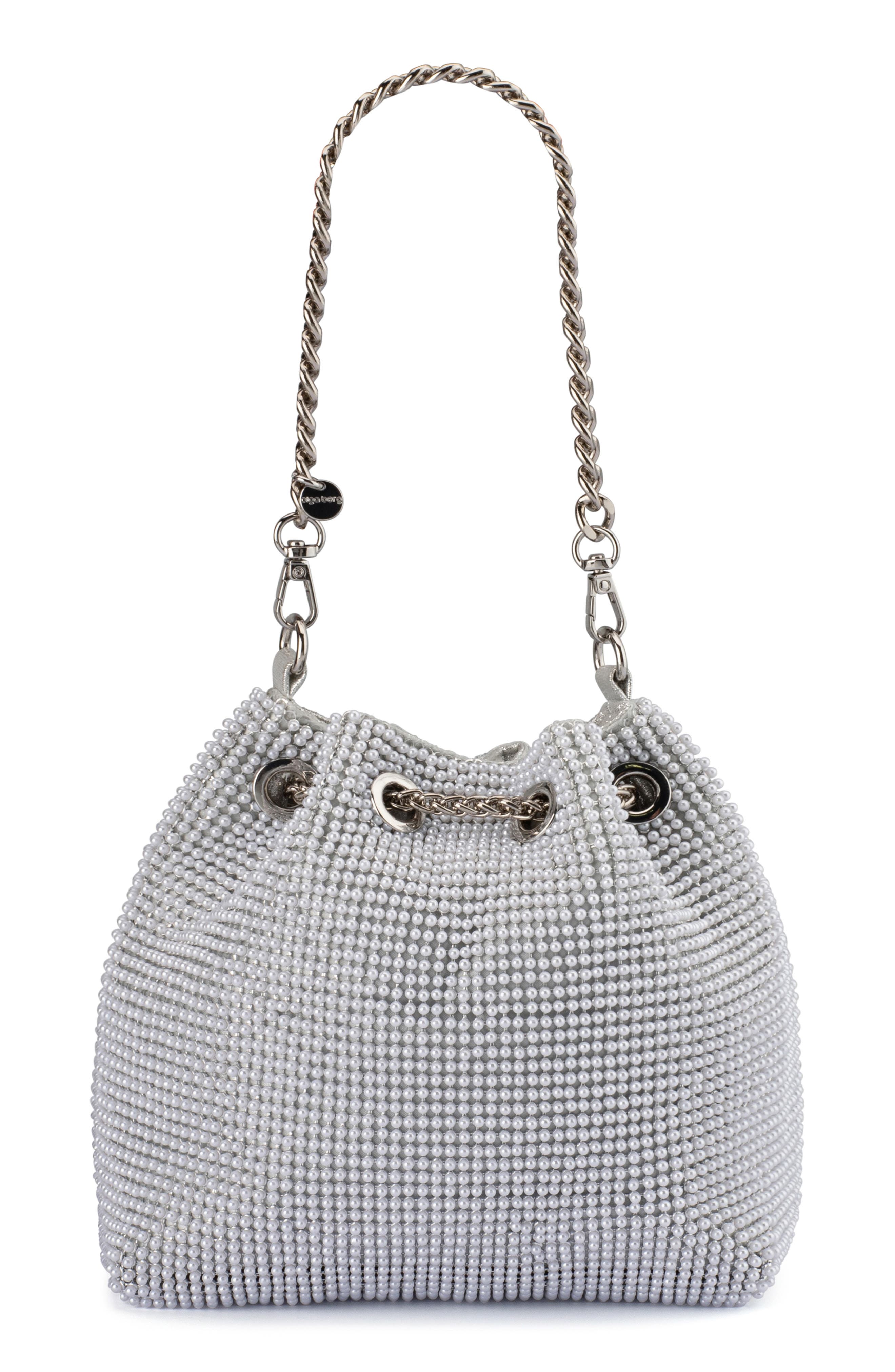 Olga Berg Miranda Drawstring Bucket Bag, Alternate, color, Pearl Silver