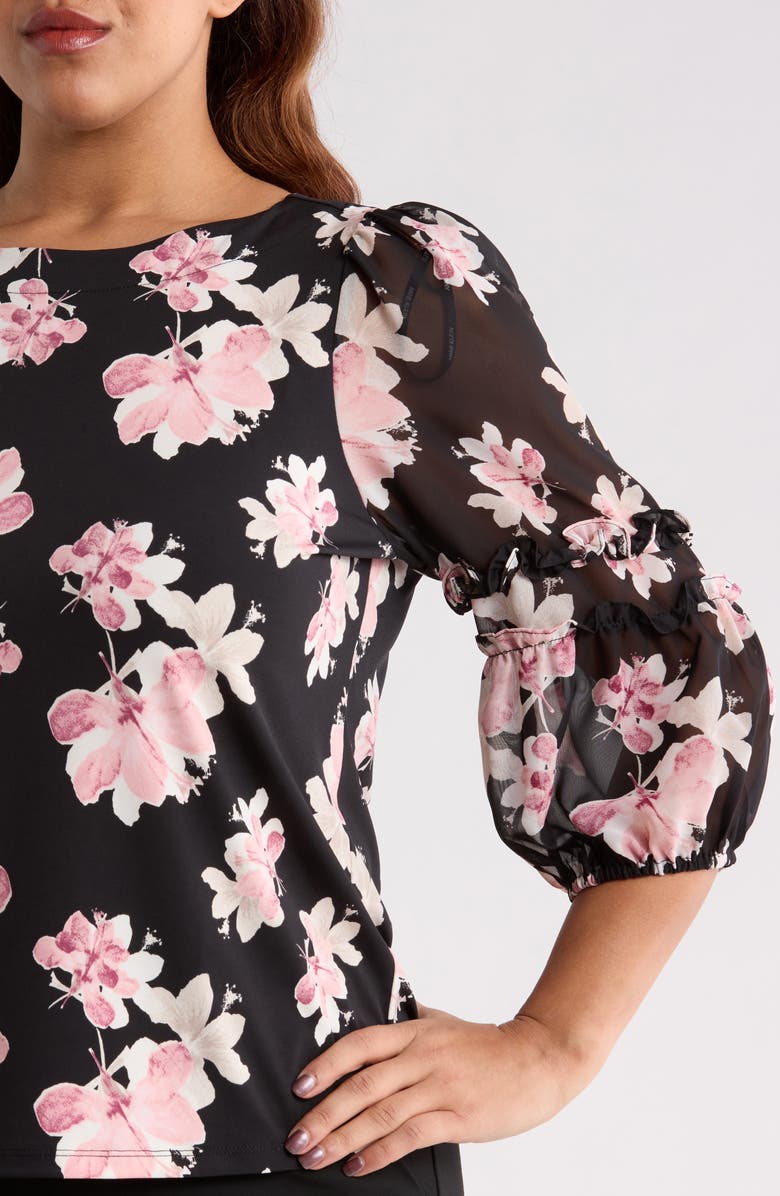 Anne Klein Floral Ruffle Top, Alternate, color, Anne Black Mult
