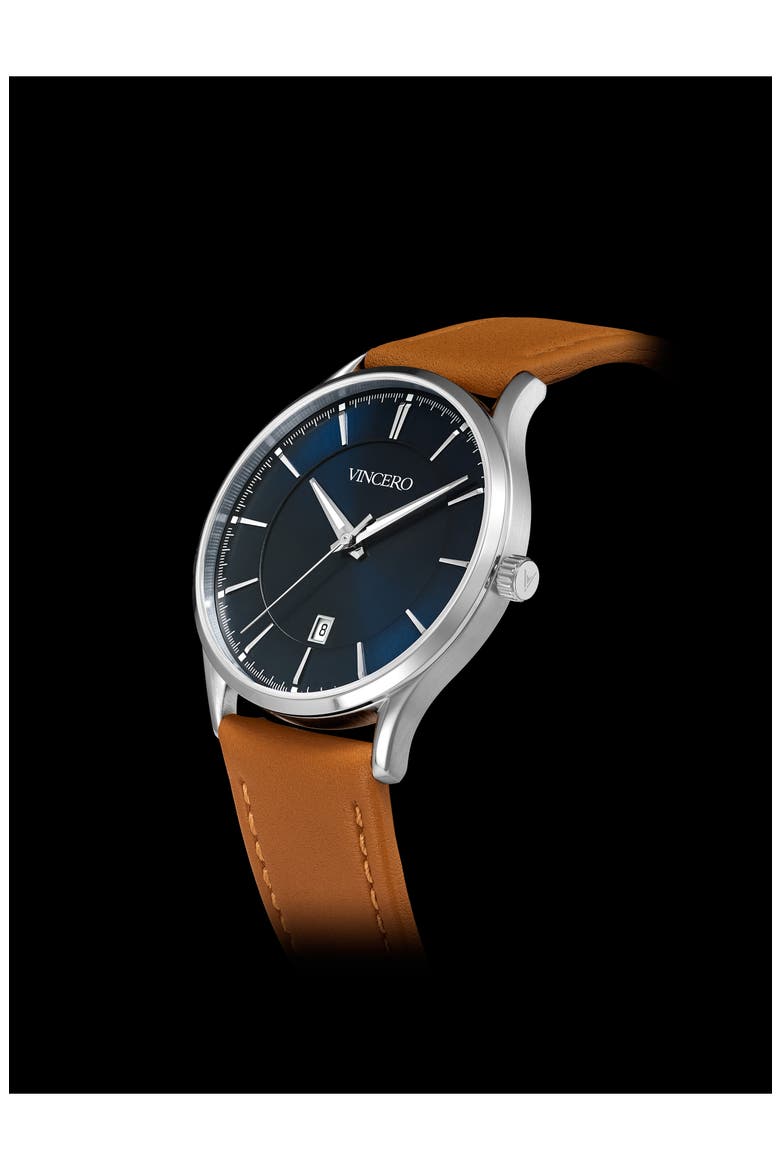 Kairos Leather Strap Watch, 38mm, Alternate, color, BLUE/ BROWN