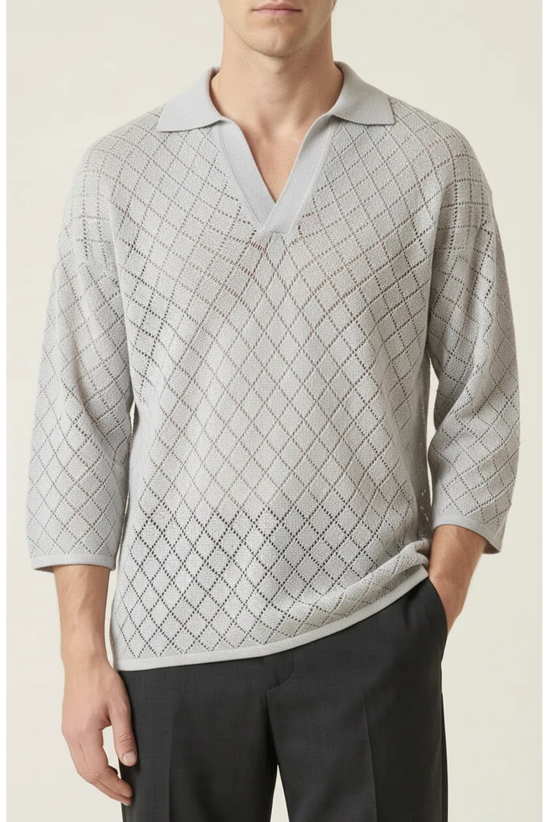 Textured Open Collar Knit Polo Top, Alternate, color, Light Grey