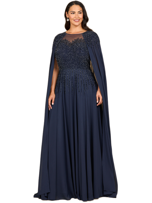 Lara New York Chiffon A-line Long Gown With Long Cape Sleeves In Blue