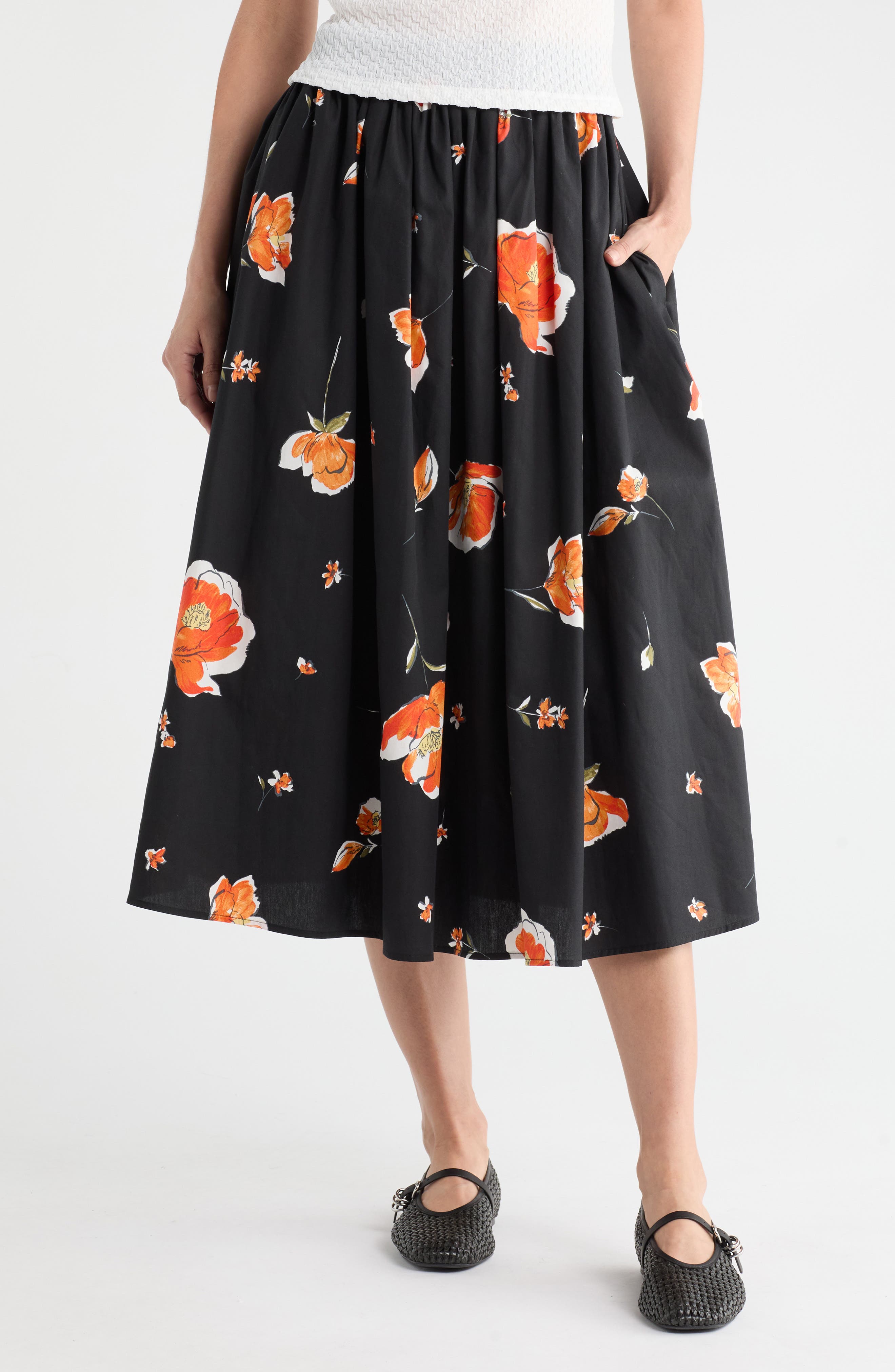 Renee C Floral Print Stretch Cotton Midi Skirt