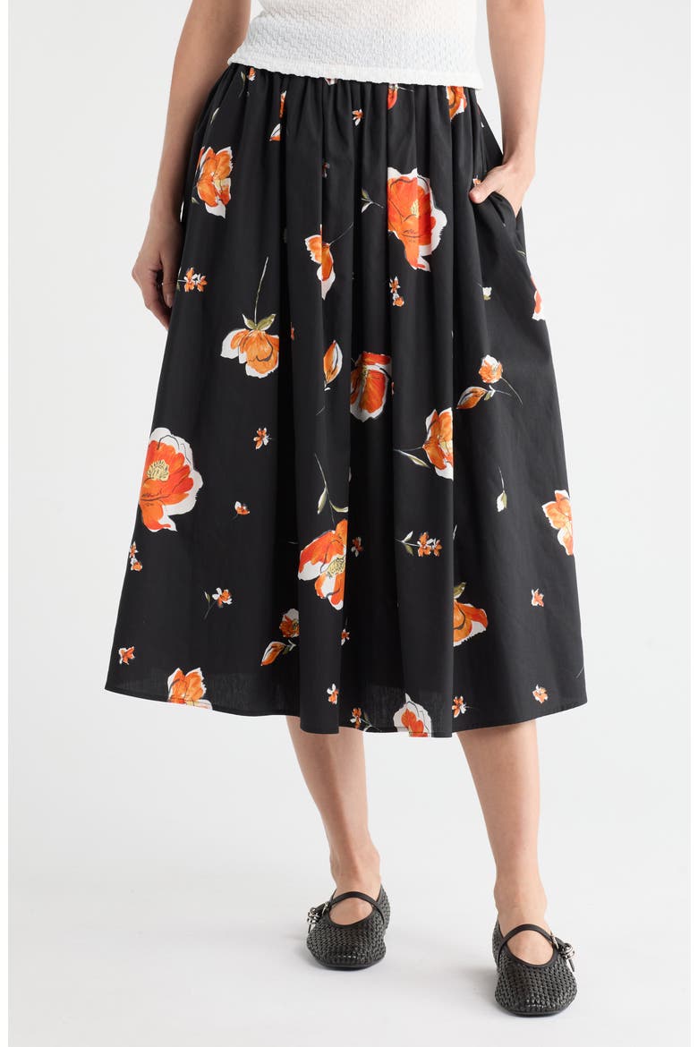 Floral Print Stretch Cotton Midi Skirt, Main, color, BLACK