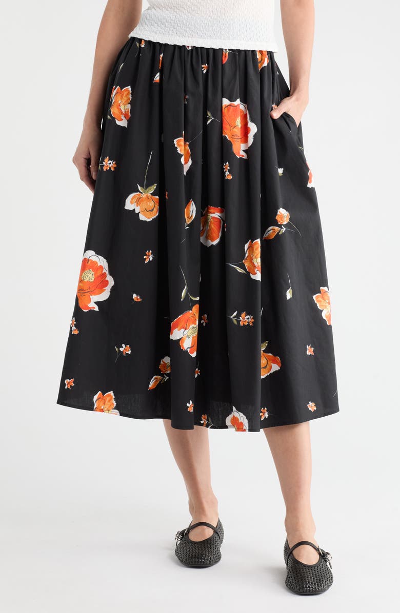 Renee C Floral Print Stretch Cotton Midi Skirt, Main, color, Black