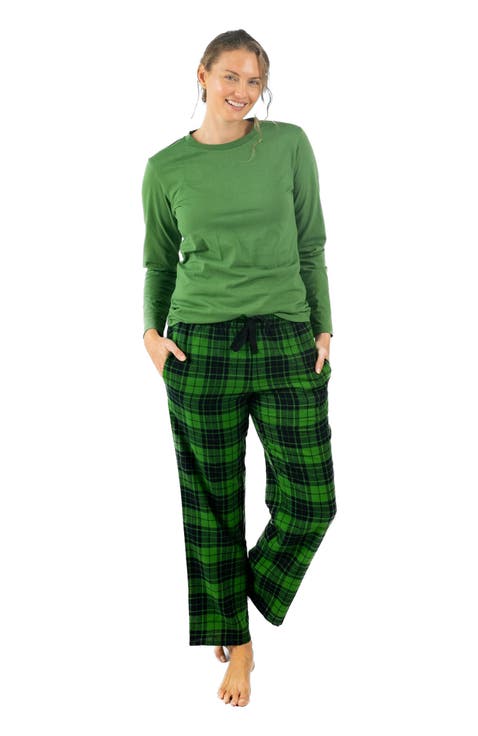 Women's Cotton Top & Flannel Pants Printed Holiday Pajama Set