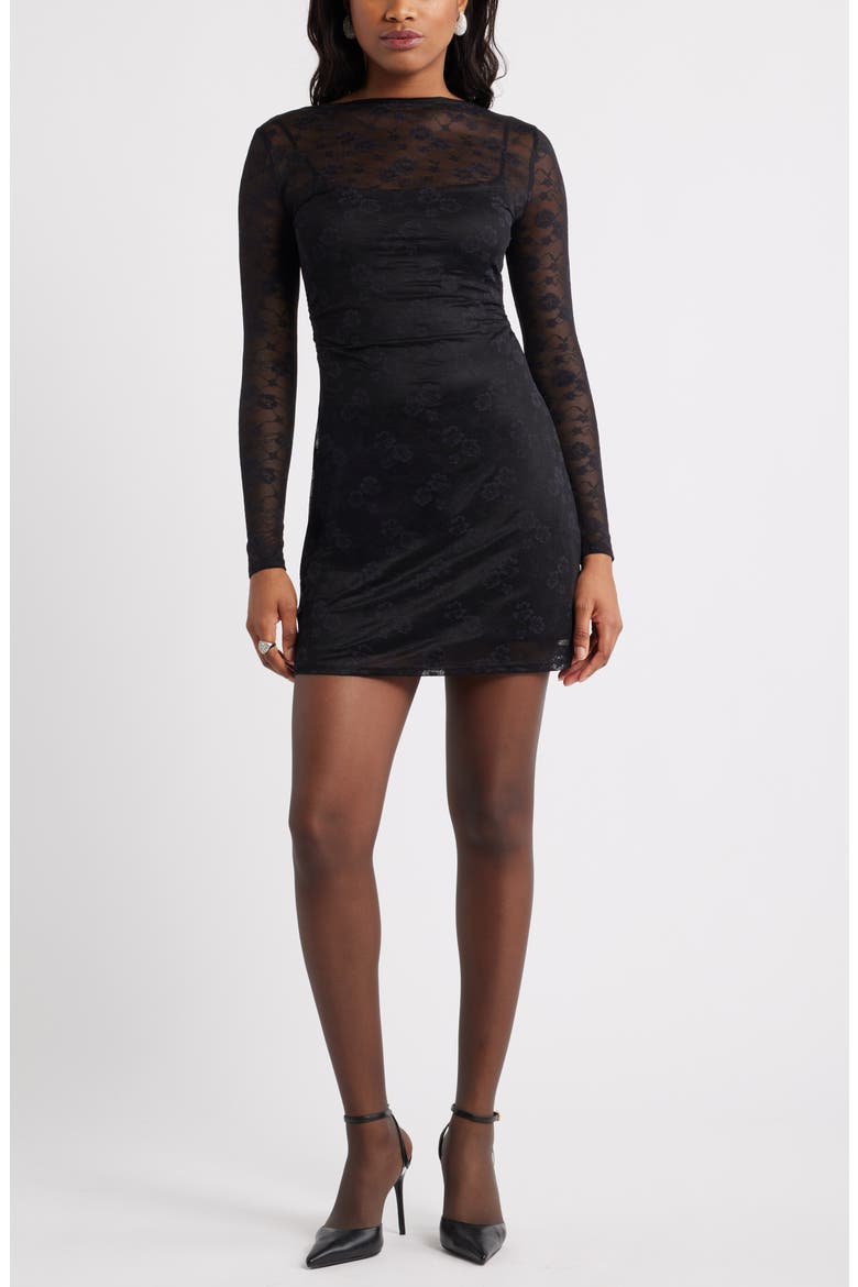 Long Sleeve Lace Body-Con Dress, Main, color, BLACK