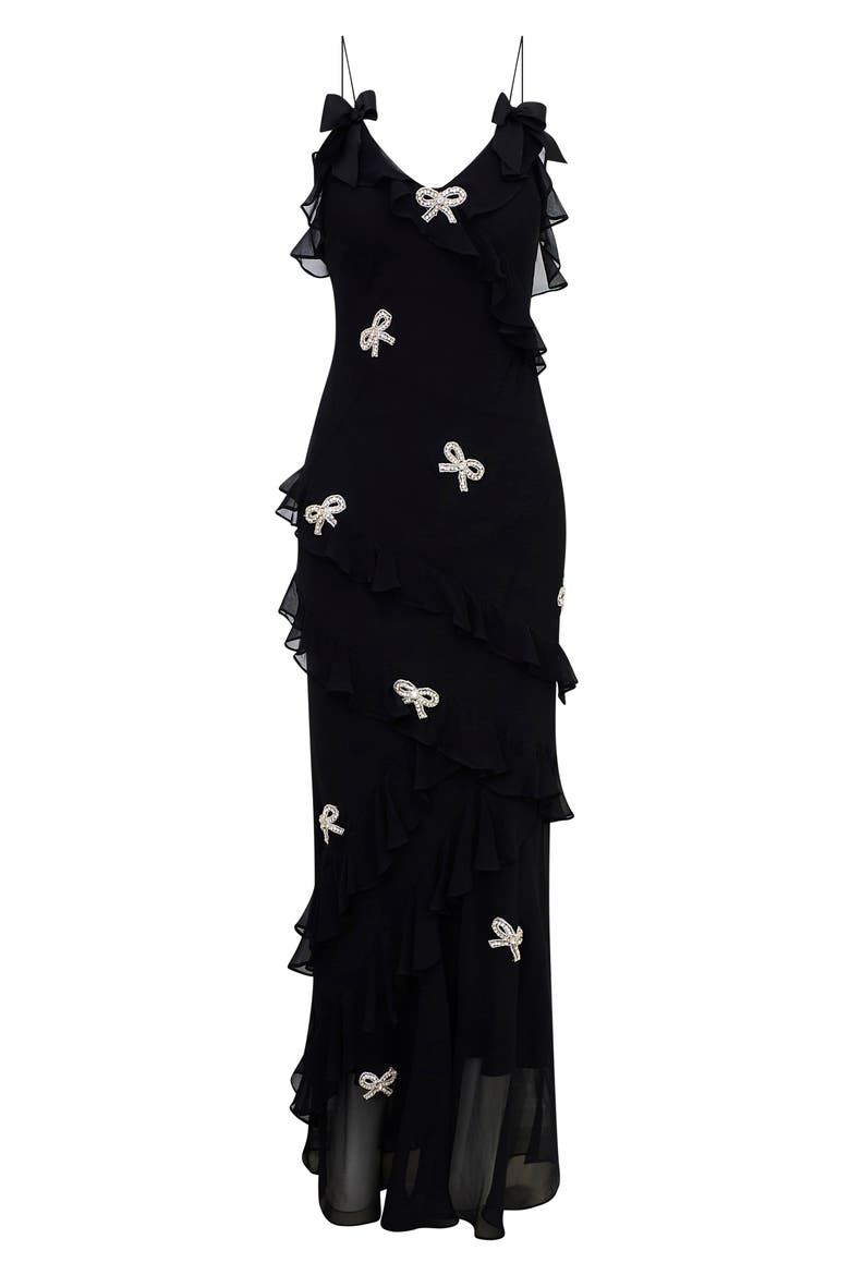 Rialto Bow Embellished Ruffle Silk Dress, Alternate, color, BLACK