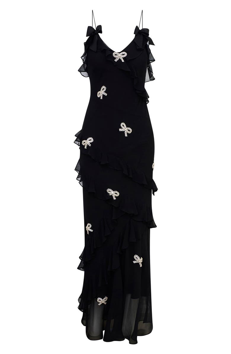 LoveShackFancy Rialto Bow Embellished Ruffle Silk Dress, Alternate, color, Black