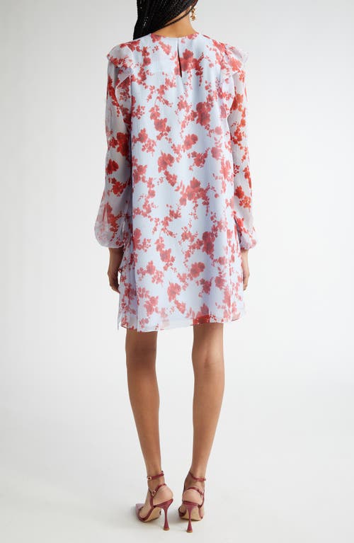 Carolina Herrera Floral Print Long Sleeve Tiered Ruffle Silk Chiffon Minidress In Celeste Multi