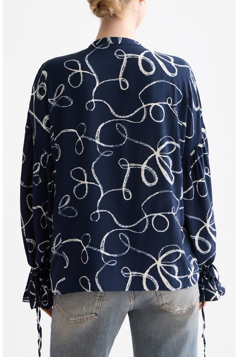 Tie Neck Ruffle Cuff Top, Alternate, color, RIBBON NAVY AOP