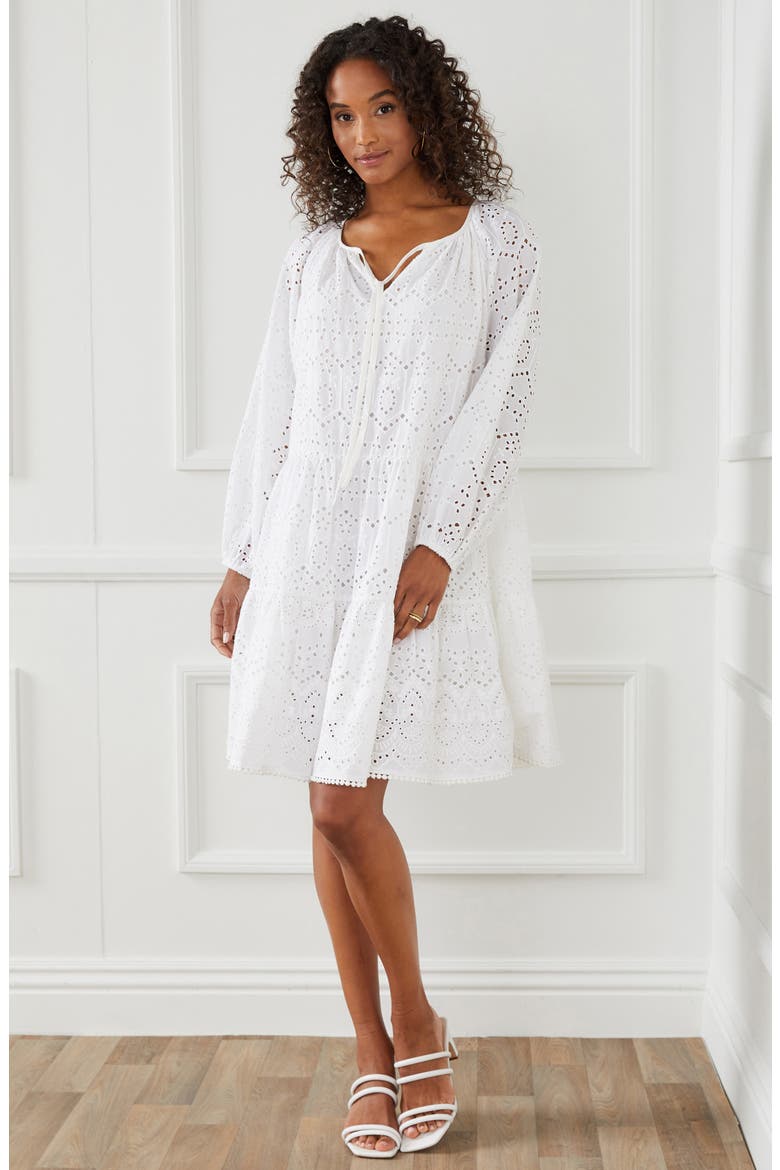 Tiered Long Sleeve Eyelet Dress, Alternate, color, OFF-WHITE