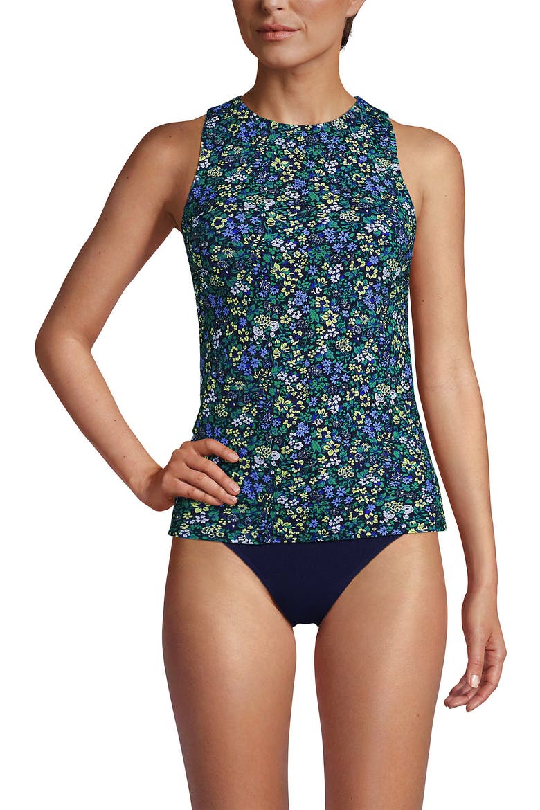 DD-Cup High Neck UPF 50 Sun Protection Modest Tankini Swimsuit Top, Main, color, Navy Multi Ditsy Floral