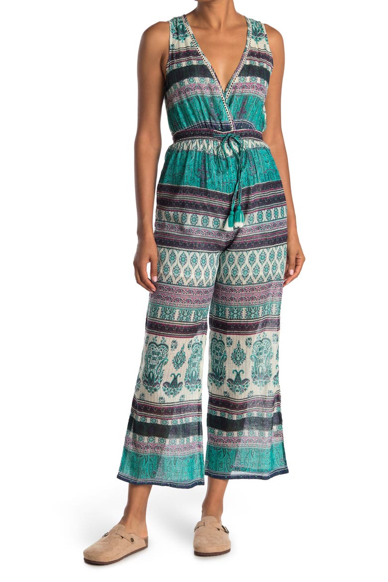 Caravan Sleeveless V-Neck Printed Jumpsuit, Main, color, TEAL