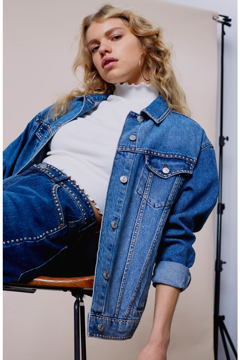 Studded Denim Jacket, Alternate, color, MID DENIM
