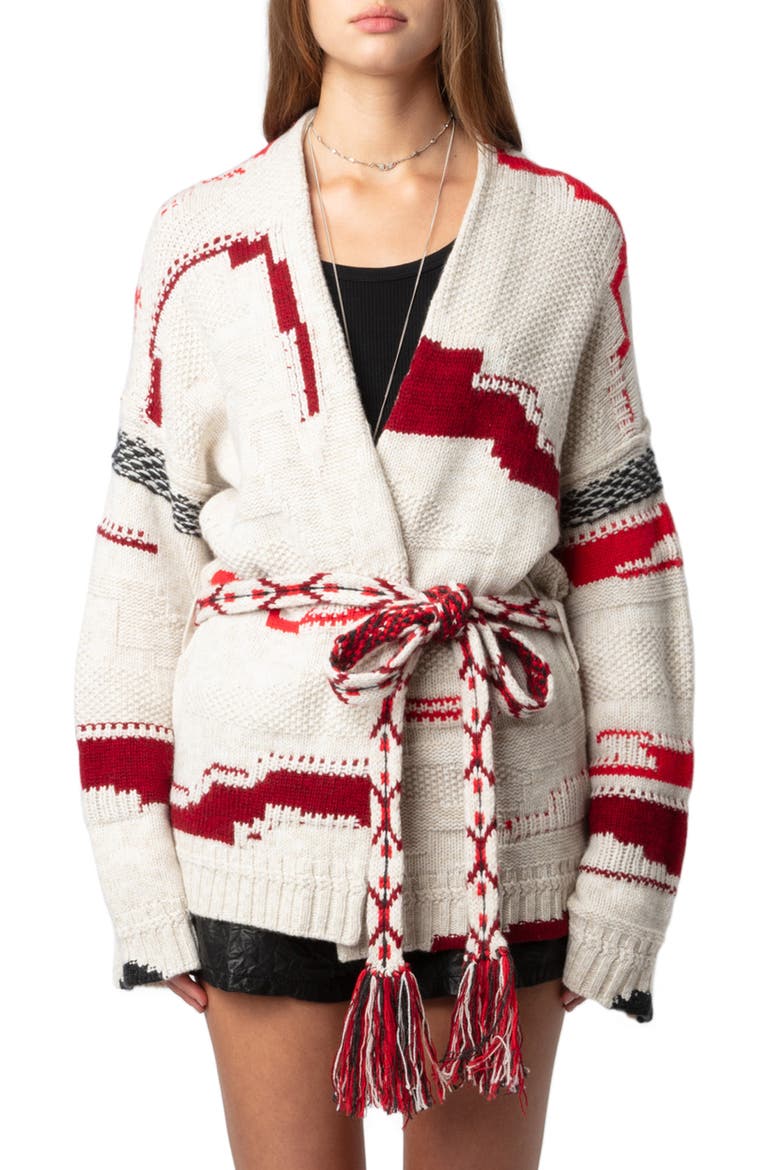 Stripe Tie Belt Wool & Cashmere Cardigan, Main, color, OATMEAL