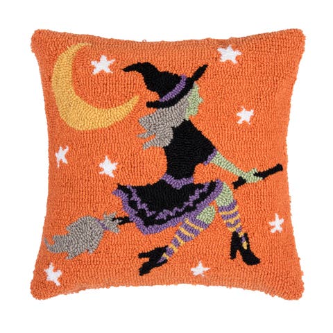 Flying Witch on Broom Moonlight Halloween Hooked Accent Throw Pillow 16" x 16"