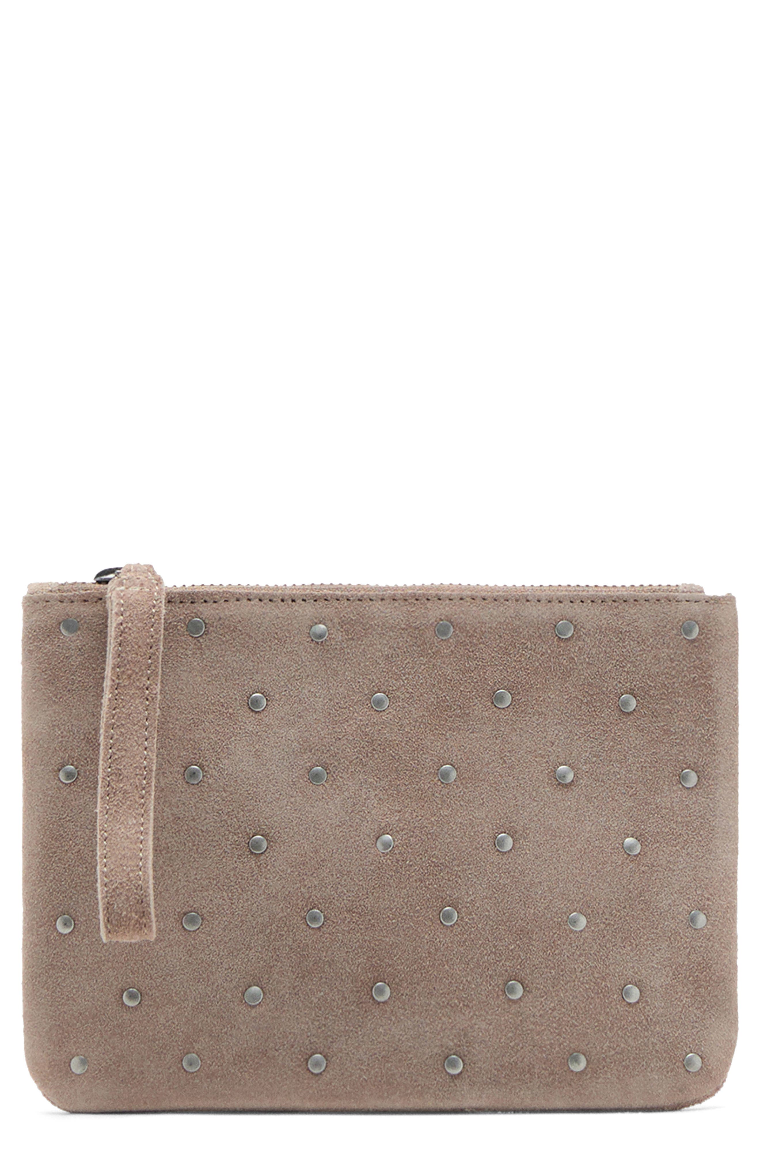 MANGO TEEN Stud Suede Clutch, Main, color, Sand