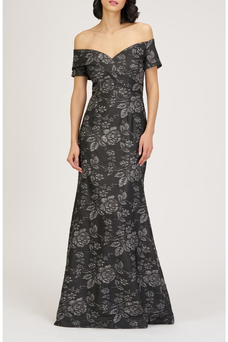 Rosalina Floral Jacquard Mermaid Gown, Main, color, BLACK/ SILVER